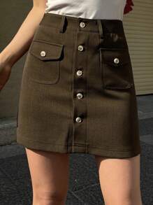 DAZY Women's Solid Color Front Button Minimalist Large Pocket Cargo Skirt - Coffee Brown - View 3