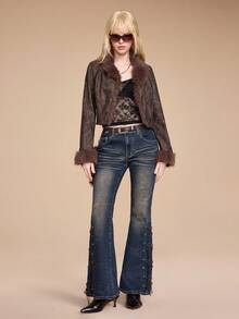 ROMWE Grunge Punk Vintage Distressed Denim Flare Jeans With Tie Belts & Mini Raccoon Decor, Shibuya Girl Style - Dark Grey - View 3