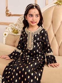 Young Girl Gold Foil A-Line Long Sleeve Print Dress, Suitable For Parties, Outings And Other Occasions - Black - View 5