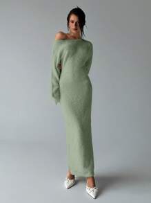 Aloruh 女式超大露肩长款针织毛衣连衣裙，秋冬 - 綠色 - 查看 3