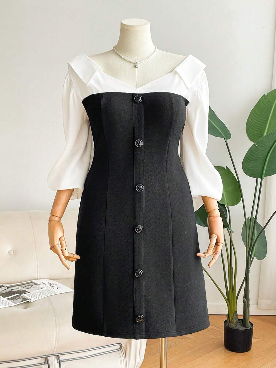 SHEIN Frenchy Plus Size Elegant Commuter Color Block Patchwork Dress - Black and White - View 1