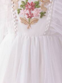 Glamorique Kids Váy công chúa thêu hoa lưới xếp nếp thanh lịch dễ thương cho bé gái mùa xuân/hè - trắng - Xem 8