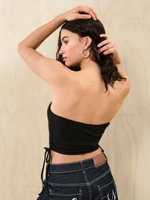 SHEIN EZwear Rhinestone Butterfly & Letter Graphic Drawstring Side Tube Top