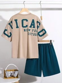 SHEIN 2pcs/Set Tween Boys Casual Korean Street Style Big Letter Graphic Round Neck Knit T-Shirt And Shorts Set, Suitable For Commute, School, Daily Leisure, Sports, Spring/Summer