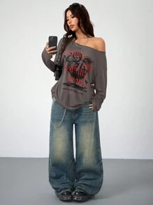 Rafael Machado Coolane Artist Women's & Men's  Spring/Summer Goth Grunge Heart Pattern Y2K Cupid Graphics Comfortable Asymmetrical Neck Long Sleeve T-Shirt,Valentine's Day,Country Festival  Outfits - Grey - View 2