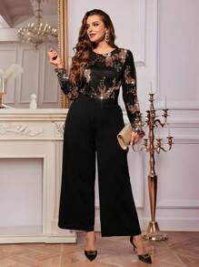SHEIN Clasi Mono elegante con parches de lentejuelas de talla grande para fiestas - Dorado - Ver 3