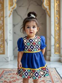 SHEIN Baby Girl Multi-Color Print Contrast Hem & Sleeve Elastic Waist Casual Dress, Summer - Multicolor - View 9