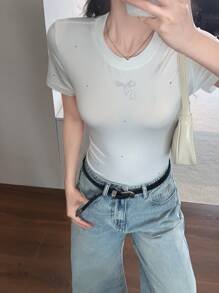 DAZY Women/Girls Casual Round Neck Plain Rhinestone Decor Short Sleeve T-Shirt