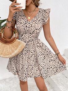 SHEIN Frenchy Women's Elegant Romantic Backless Clashing Lace Big Bowknot At Back Dress,Suitable For Everyday Summer Wear,Floral Dresses,Allover Floral Fabric,French Holiday Outfits,Casual Simple And Fashionable Short Dress For Everyday Wear,Dating Wear,Wedding Season Dresses,Bridesmaid Dresses Beach - Apricot - View 3