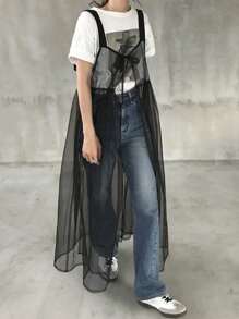 FRIFUL Đầm maxi dáng lửng bằng vải lưới dành cho nữ, kiểu dáng tối giản và thời trang, thích hợp mặc hàng ngày. - màu đen - Xem 2