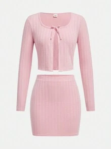 SHEIN 2pcs/Set Teen Girls' Pink Casual Jacquard Knit Crew Neck Open Front Cropped Top And Mini Skirt Set - Pink - View 2