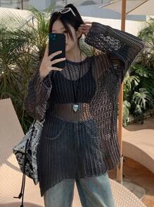 DAZY 女士宽松网眼镂空长袖透明毛衣