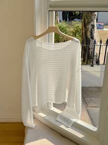 DAZY Áo thun tay dài bán trong suốt họa tiết dành cho nữ, áo thun cơ bản màu trơn thường ngày, quần áo nữ mùa thu - trắng - Xem 2