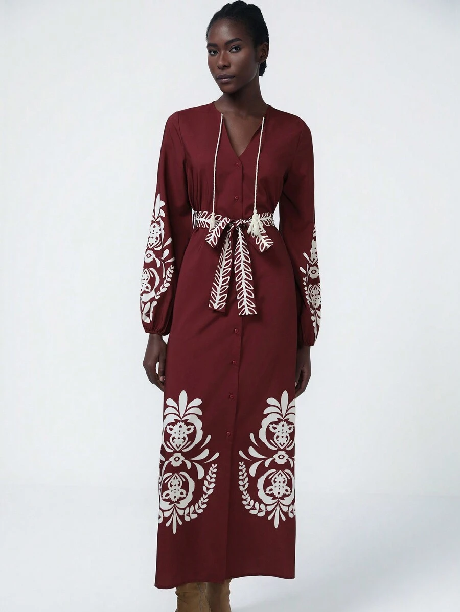 Aveloria Modichic Elegant Bohemian V-Neck Tassel Tied Retro Printed Dress, Long Sleeve Casual Vacation Dress For Women Fall Cloth For Women - Redwood - View 1