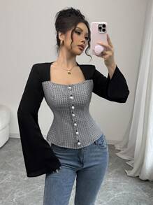 Elenzga Camisa de mujer elegante de manga acampanada con cuello cuadrado y bloque de color negro