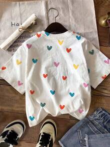 Emery Rose Kids Emery Rose Kids 情人节，可爱手绘彩色心形印花，少女休闲简约短袖圆领 T 恤，适合夏季 - 白色 - 查看 3