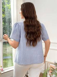 SHEIN Privé 大码女式蓝白条纹荷叶边领灯笼袖休闲优雅办公衬衫，春夏 - 藍白色 - 查看 3