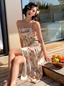DAZY Vestido de mujer con estampado floral, plisado, con abertura y sin mangas, de largo medio, tipo vestido de verano