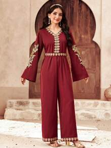 SHEIN 少女 V 领纯色拼接金线花卉连体裤，休闲斋月服装 - 酒紅色 - 查看 6