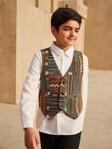 SHEIN 2pcs Set Tween Boys Sleeveless Vest, Button-Front Long Sleeve Top And Shorts - Multicolor - View 1