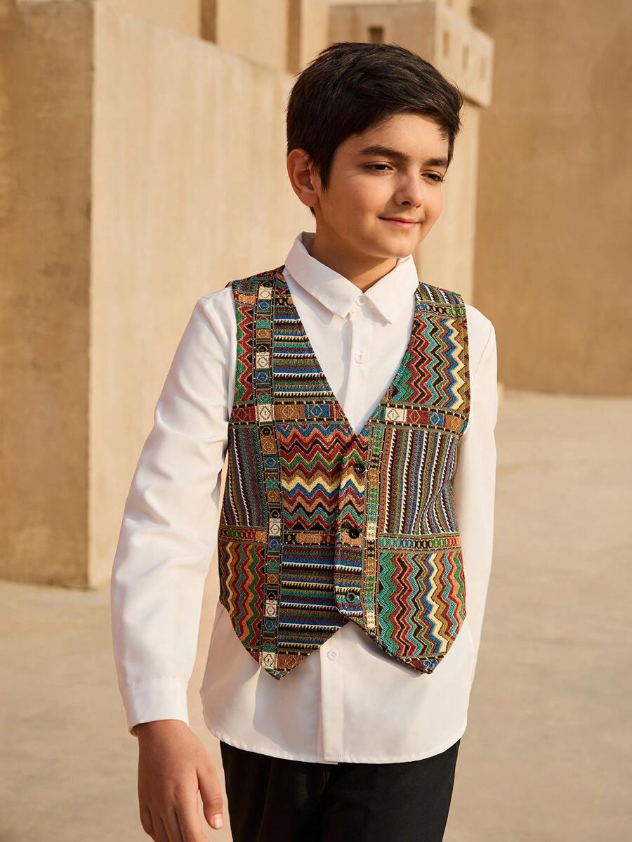 SHEIN 2pcs Set Tween Boys Sleeveless Vest, Button-Front Long Sleeve Top And Shorts - Multicolor - View 1