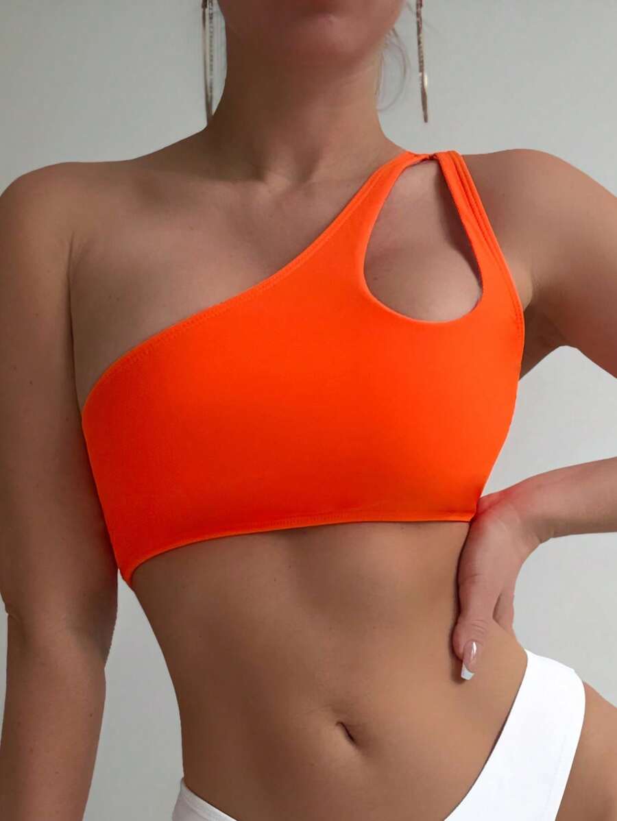 SHEIN Swim Áo bơi liền quần không dây khoét rỗng bất đối xứng màu trơn dành cho nữ - trái cam - Xem 1