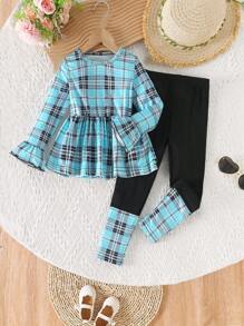 Conjunto de 2 piezas de camiseta de manga raglán de cuello redondo a cuadros y leggings de cintura elástica de unicolor ajustados para niñas jóvenes, para principios de primavera
