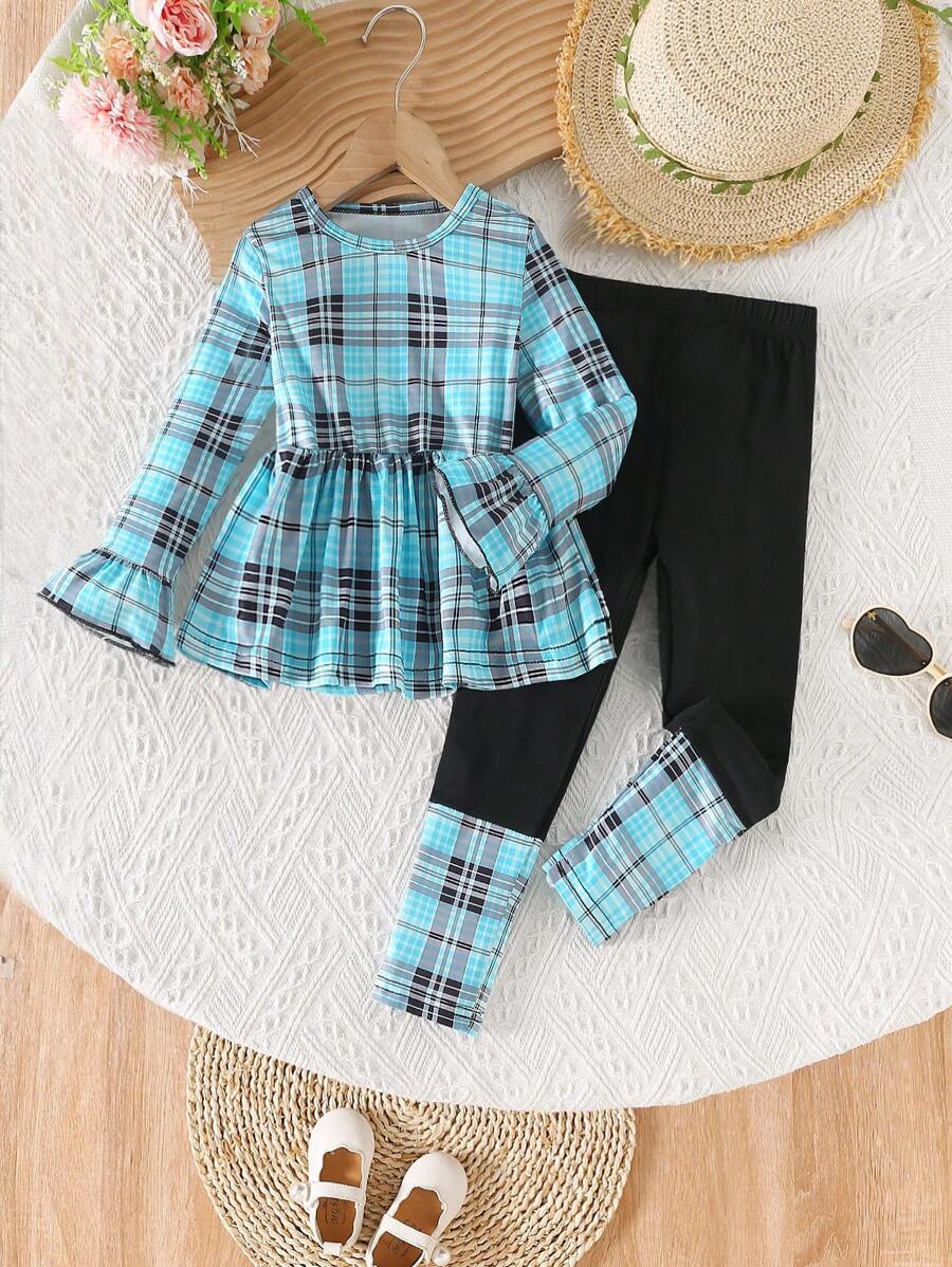 Conjunto de 2 piezas de camiseta de manga raglán de cuello redondo a cuadros y leggings de cintura elástica de unicolor ajustados para niñas jóvenes, para principios de primavera