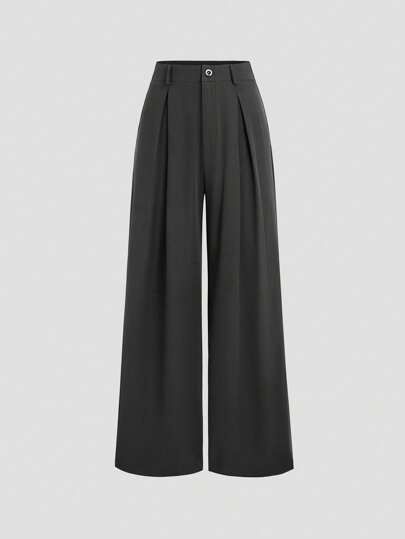 Sweetra Kadın Vintage Şık Jakarlı Buruşuk Pileli Geniş Paça Pantolon, Sonbahar/Kış