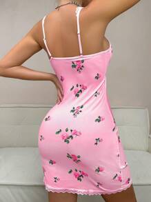 Women's Floral Print Contrast Lace Slip Dress - Baby Pink - View 2