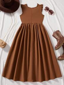 SHEIN Braunes A-Linien-Kleid mit Rüschenbesatz und quadratischem Ausschnitt für Tween-Mädchen, neue Frühjahr/Sommer-Kollektion 2025, geeignet für den Sommerurlaub, den Alltag, Ausflüge und gesellschaftliche Veranstaltungen