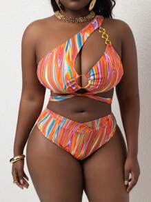 Slaydiva Conjunto de bikini de traje de baño para mujer talla grande con estampado abstracto y decoración de hebilla de metal para el verano