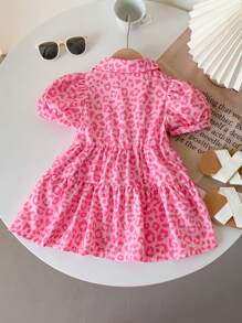 SHEIN Playful Pals Baby Girl Infant Toddler 0-3 Years Elegant Fashion Pink Leopard Print Puff Sleeve Short Sleeve Shirt Dress Cake Dress - Pink - View 3