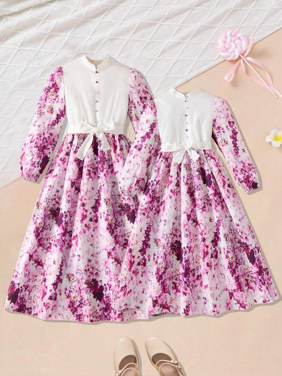 SHEIN Tween Girls 优雅梅花碎花雪纺长袖收腰连衣裙，百搭日常穿着（兄弟姐妹装搭配服装，2 件单独出售） - 粉色 - 查看 1
