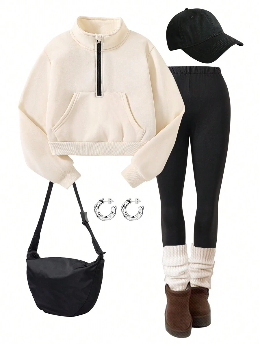 SHEIN Tween Girl Half-Placket Contrast Zipper Stand Collar Ribbed Cuff & Hem Sweatshirt & Leggings Set - Apricot - View 1