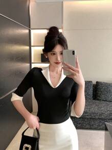 DAZY 女士拼色仿两件套休闲 T 恤，简约时尚，适合日常穿着 - 黑色 - 查看 6