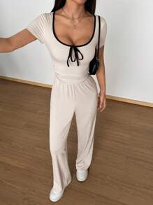 Flirla Bộ đồ liền thân cổ trang trí nơ khối màu cho nữ kèm quần ống rộng, trang phục tay ngắn đa năng thường ngày - Màu be - Xem 4