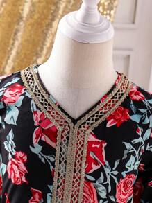 Young Girl Solid Color V-Neck Long Sleeve Simple Casual Dress - Yellow - View 5