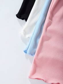 SHEIN Tween Girl 4-Color Combination (Black, White, Blue, Pink) Striped Short Sleeve T-Shirt, Solid Color Fabric, Summer Versatile Short Sleeve Set - Multicolor - View 6