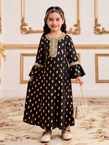 Young Girl Gold Foil A-Line Long Sleeve Print Dress, Suitable For Parties, Outings And Other Occasions - Black - View 3