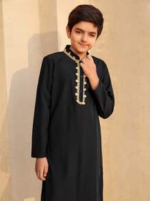 2pcs Tween Boy Lace Decor Half-Open Collar Long Shirt & Pants Set, Shirt With Side Slits For Easy Movement - Multicolor - View 3