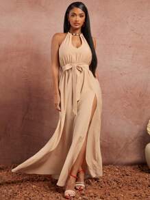SHEIN SXY Mùa xuân/Hè Hẹn hò Ngày lễ tình nhân Đám cưới Trang phục kỳ nghỉ thanh lịch Trang phục sinh nhật cho phụ nữ Vải dệt giống vải lanh màu cam nhạt Xếp ly cao xẻ tà Cổ áo có dây đeo khoét rỗng Trang trí thắt lưng Váy xòe dài thêm Cổ áo có trang trí chuỗi hạt gỗ nhiều màu - màu nâu - Xem 6