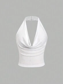 Sweetra Women's Sleeveless Backless Glitter Elegant Draped Neck Tank Top