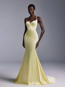 SHEIN Belle Váy dạ hội tối giản bằng vải satin màu vàng nhạt thanh lịch, váy dự tiệc cưới, hở lưng gợi cảm, đuôi cá xếp nếp, váy dạ hội trang trọng, váy dự tiệc - Màu vàng - Xem 2