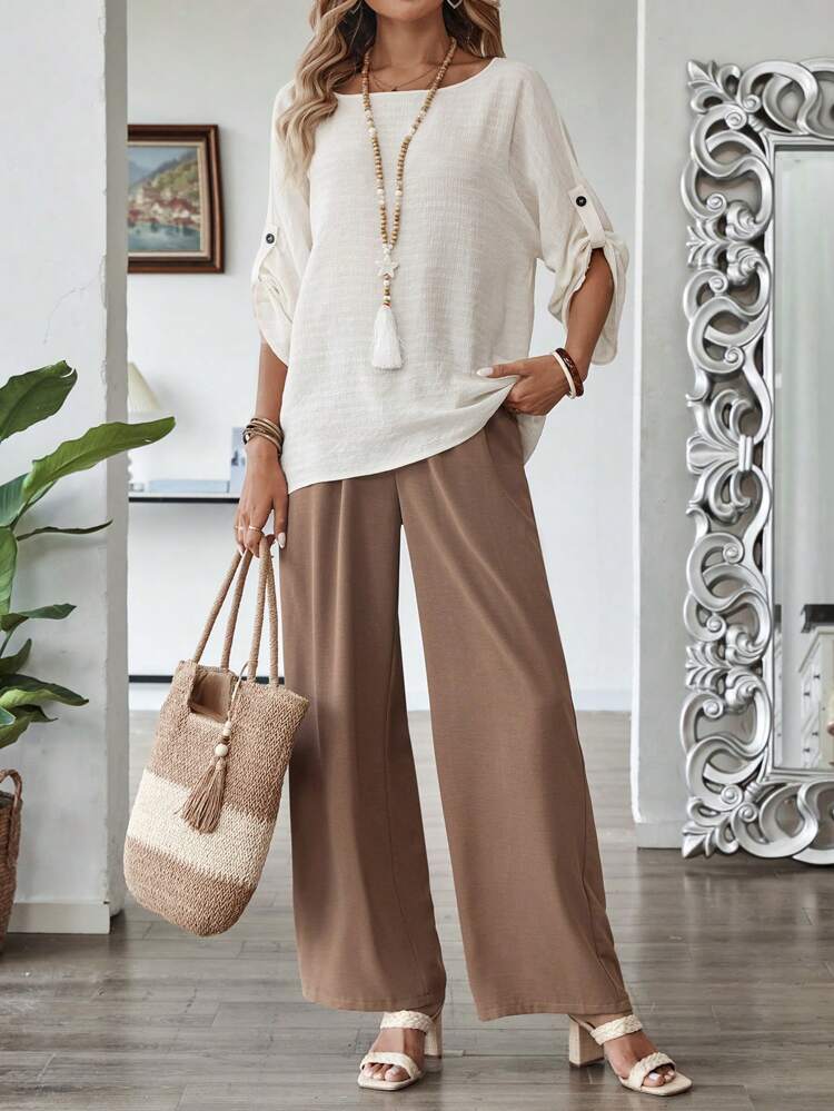 2pcs Women Solid Color Top And Pants Set, Minimalist Fashion Casual Daily Wear