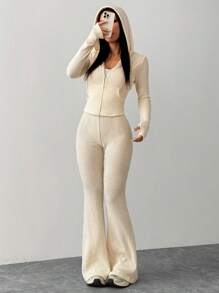 SHEIN PETITE Set de 2 piezas de chaqueta con capucha y pantalones de unicolor, conjunto casual