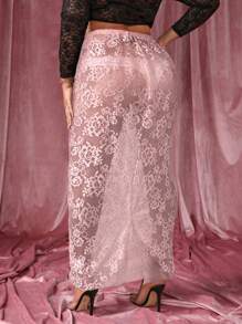 SHEIN SXY 大码性感透明蕾丝长裙 - 粉色 - 查看 2