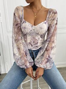 Calvaya Blusa de manga larga, de corte asimétrico, con detalles de espina de pescado, cierre con gancho y ojo, y estampado floral estilo vintage, para mujer, ideal para el Día de San Valentín