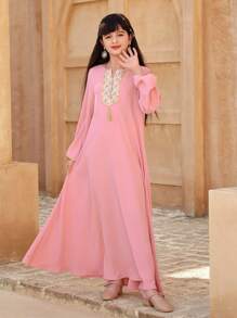 Tween Girls' Solid Color Long Sleeve Casual Minimalist Fashion Everyday Dress - Pink - View 4