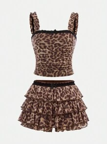 SHEIN 2 peças/Conjunto Top de Alça Jovem Feminina com Estampa de Leopardo e Babado e Saia Mini Ajustada - Castanho - Visão 2